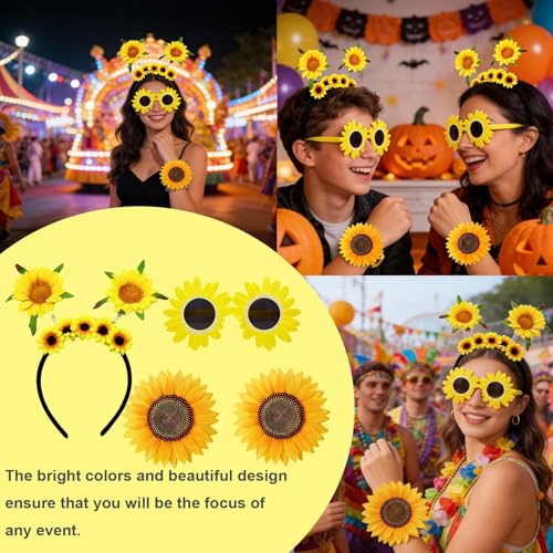 MFCGHXR Sonnenblumen Set für Kostüme – Haarreif, Sonnenbrille und Handgelenk-Armbänder – Perfekt für Halloween und Karneval – Einheitsgröße, glänzende Farben, für Damen und Herren