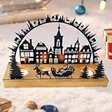 DESIGN: Moderner Kerzenhalter Adventskranz mit detaillierter Winterszene, einschließlich Häuser, Bäume und Weihnachtsschlitten in elegantem Schwarz