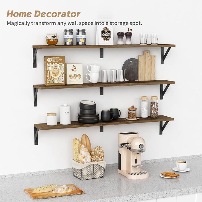 Image of Shoper cart Floating Shelves for Wall Set of 3, Rustic Wood Floating Bookshelf for Bedroom, Large Wall Mounted Storage Shelves for Kitchen Bathroom Laundry Living Room TV Books (Brown, 32 INCHES)