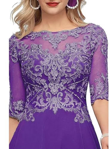 Lace Applique Mother of The Bride Dresses for Wedding Tea Length Half Sleeve Beaded Chiffon Formal Evening Dress4