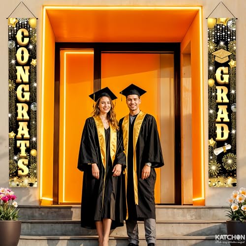 Image of Graduation Decorations 2026 | Black and Gold Graduation Door Banner - Large, 72x12 Inch, NO DIY | Congrats Grad Banner | Grad Banner for 2026 Grad Party Decor | KatchOn