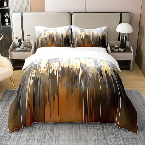 Juego de cama 100% algodón orgánico con diseño abstracto de arte abstracto, funda de edredón de color naranja, dorado y gris, juego de ropa de cama con rayas geométricas, tamaño King, funda de edredón
