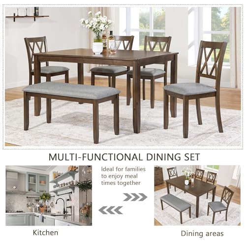 Image of LUMISOL 6-Piece Solid Wood Dining Table Set, Wood Kitchen Table with 4 Chairs and Bench, Farmhouse Dining Table with Bench and Chairs Set for Kitchen, Living Room, Walnut