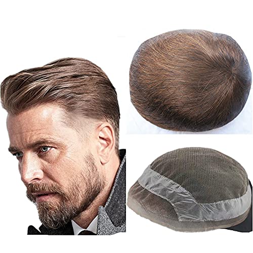 NLW Light brown hair Toupee for men light brown color Hair pieces for men European virgin human hair replacement system for men, 10" x 8" brown color human hair toupee men hair piece for white men.
