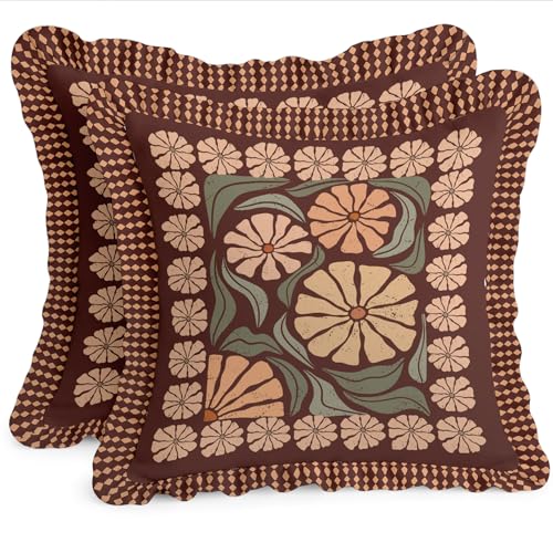 Vargottam 16x16 Cotton Cushion Covers Set of 2 - Double-Sided Printed Frill Pillow Covers with Zipper, Floral Pattern, Farmhouse Style, 100% Cotton Twill, No Filler