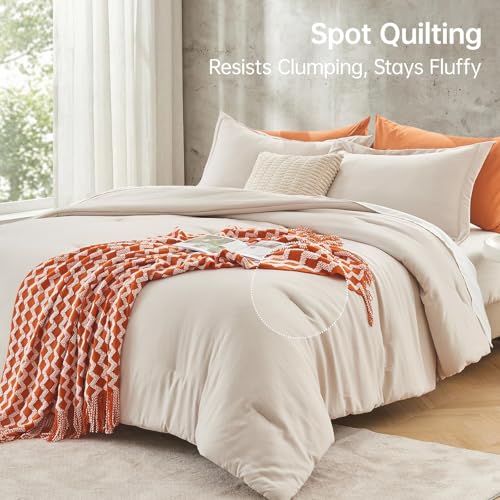Image of MUXHOMO Beige Oversized King Comforter Sets, All Season Ultra Soft Down Alternative Bedding - 3 Piece Lightweight Bed Set Includes 1 Comforter (120 inchx98 inch) and 2 Pillow Shams (20 inchx36 inch)