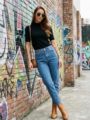 Image of Short Sleeve Mock Neck Turtleneck Sweater Tops Knit T Shirts Capsule Wardrobe Essentials