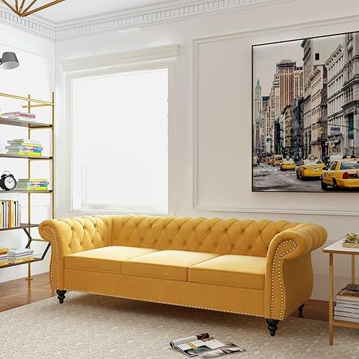 Image of Sky Rise Decor Modern Classic 5 Seater Sofa Set Couch Fabric & Valvet Tufted 3+1+1Footrest Chesterfield Sofa Living Room and Office (Yellow) | Premium Material