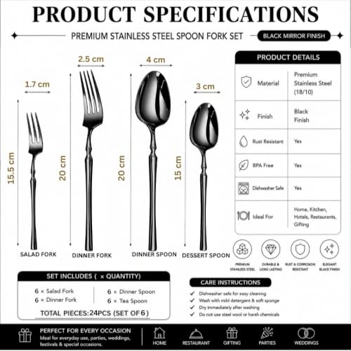Image of Classic Black 24 Pcs Stainless Steel Cutlery Set for Dining Table, Dishwasher Safe Glossy Flatware (Perfect Spoon Fork Set)