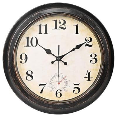 Yoiolclc Outdoor Clock Wall Clock Waterproof with Thermometer Retro Clock for Garden Patio Pool Home (12 Inch Bronze)