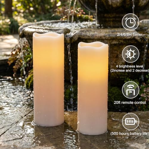 Image of GenSwin Outdoor Flameless Candles Battery Operated Waterproof Remote | IP65, White, Flickering LED Candles, Large Pillar Candles Lantern Porch Patio Garden Decor, 4 inch x 14 inch, 2 /4 /6 /8 Timer, 2 Pack