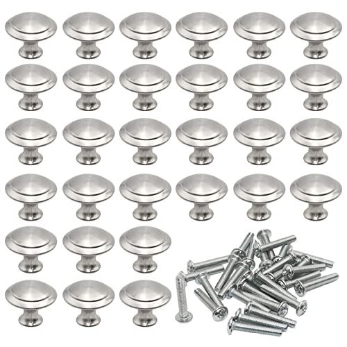 Poignées de Porte Rondes 27 mm 30 Pièces Poignée Tiroir Champignon Forme en Acier Inoxydable Brossé Poignées Rondes de Cuisine en Argent avec 30Pcs Vis pour Meubles Tels Que Tiroirs Placards ​Armoires