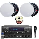Vaiyer Home Audio Sound System Kit - 1000 W Bluetooth Amplifier w/ 2 Qty of 8" Frameless Ceiling Speakers 300 W Each, Mic, 50 ft Speaker Wire & Remote Perfect for Home, Office, Restaurant, Bar