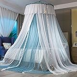 VETHIN Princess Bed Canopy for Girls,Bed Canopy Curtain- Double Layer Sheer Mesh Dome Bed Curtain- Round Lace Princess Mosquito Net Tent with led Stars String Lights(Blue/White)