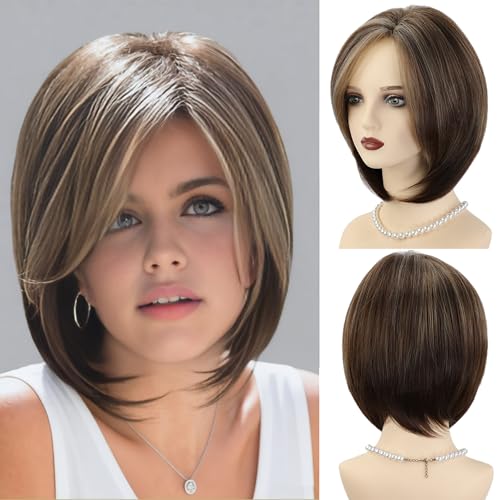XIUFAXIRUSI XIUFAXIRUSI Short Brown Bob Wigs for White Women Shoulder Length Brown Highlights Straight Wig with Side Bangs Natural Looking Synthetic Hair Wig