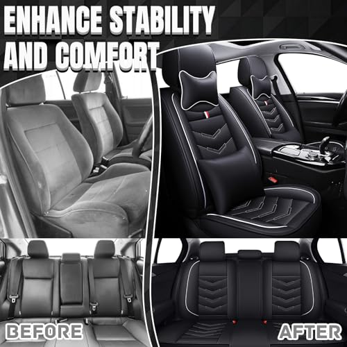 Image of Car Seat Covers Fit for GMC Terrain 2010-2026, Leather Seat Covers for Car, Waterproof Non-Slip Durable Car Seat Protector(5 Seats with Pillow,Black White)