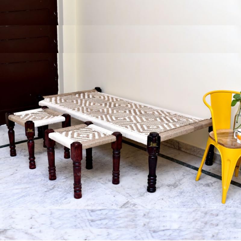 FURNWEAVE Solid Sheesham Wood Handmade Charpai with 2 Stools | Rajasthani Khatiya-Khaat | Cotton and Jute Rope| Wooden Cot for Sleeping | 6X3 Feet (White and Jute), (Single)-image-7