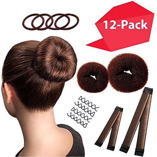 Hawwwy 12-piece Hair Bun Maker, Easy & Fast Bun Tool Best Sellers Kit Short Long Full Thin Hair Women Girls Kids Toddler Perfect Ballet Sock Accessory Brown (2 Donuts +2 Magic Snap & Roll +4 Spin Pin)