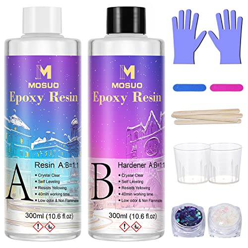 Epoxy hars kristalheldere hars kit voor beginners, 600ml/23oz kunsthars accessoires en giethars Starter Kit met hars Glitter, maatbekers, handschoenen en sticks voor kunst, ambacht, sieraden maken