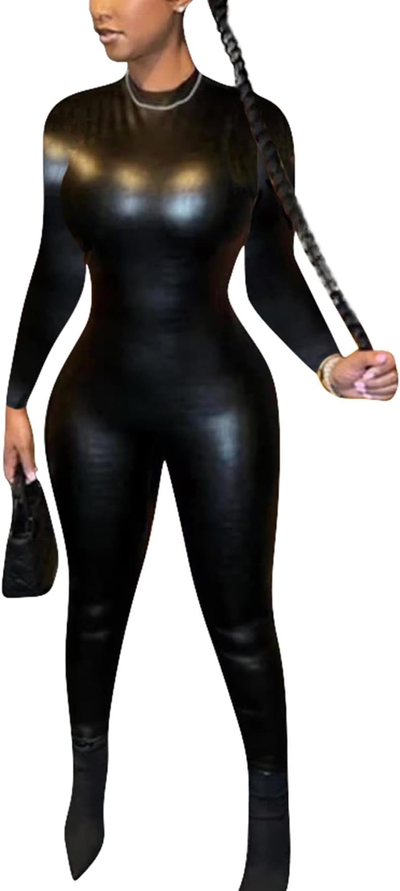 Long Sleeve Jumpsuit for Women Sexy Leather Bodycon One Piece Black Jumpsuit Party Club Jumpsuits