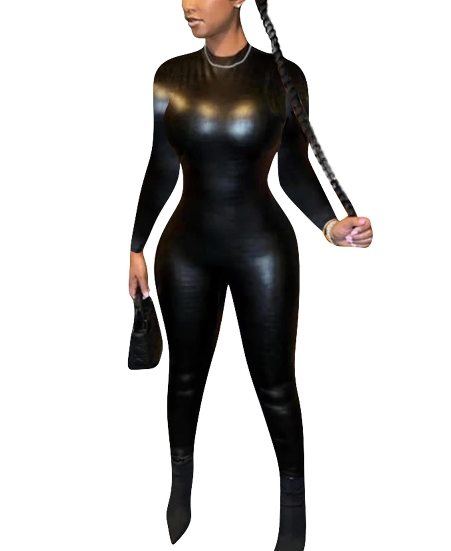 Long Sleeve Jumpsuit for Women Sexy Leather Bodycon One Piece Black Jumpsuit Party Club Jumpsuits