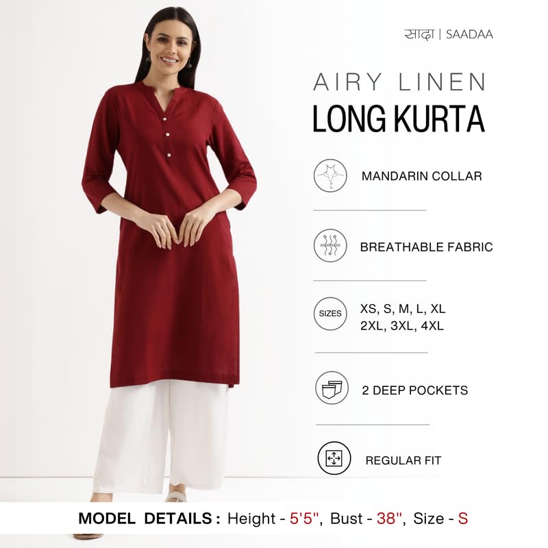 Image of SAADAA Women's Linen Straight Fit Straight Long Kurta Airy Plain Kurta, 3 /4 Sleeve, Knee Length Kurtis with Pockets, Casual and Office Wear