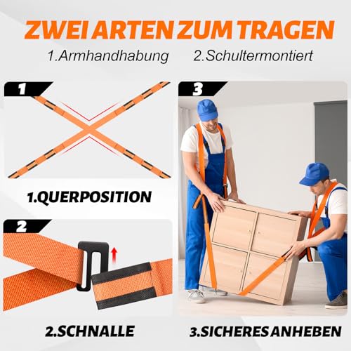 Yirilan 2 Personen Tragegurt, Tragegurte Umzug, Transportgurt, Hebegurt, Zum Heben, Transportieren und Bewegen von Möbeln, Haushaltsgeräten, Matratzen usw., Tragfähigkeit 380 kg (orange)