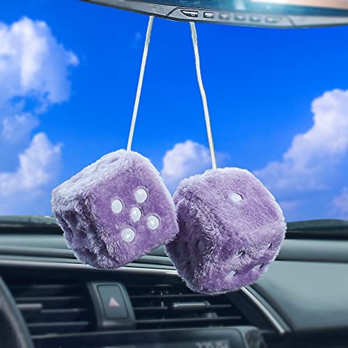 Image of 2.95'' Retro Fuzzy Plush Dice Car Charm Square Plush Dice Car Rear View Mirror Hanging Ornament Car Mirror Hanging Accessories, Purple
