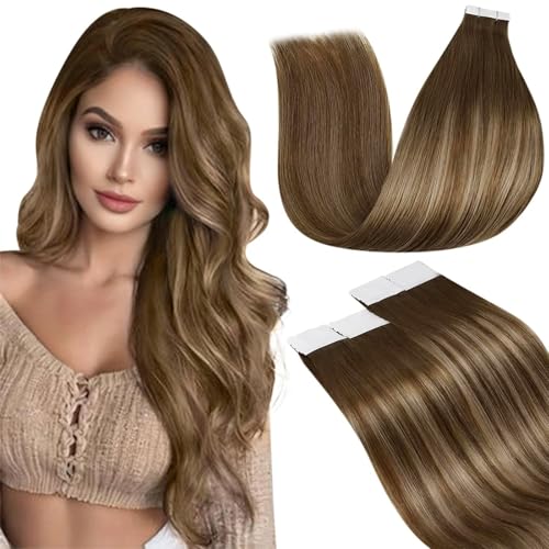 LaaVoo Tape in Hair Extensions Remy Ombre Human Hair Seamless Skin Weft Straight Tape in Hair Brown 50g/Pack 20 Inch 20Pcs Glue in Human Hair Balayage Light Brown Ombre Ash Brown