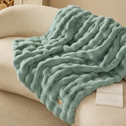 Image of Bedsure Fluffy Bubble Faux Fur Throw XL Blanket, 50 inchx70 inch, Sage Green