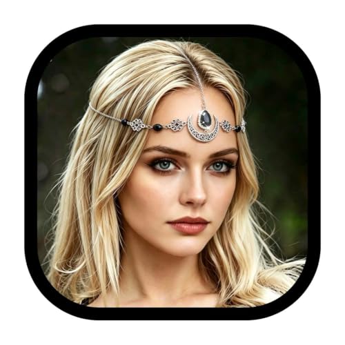 Boho Head Chain Crescent Moon Forehead Chain Vintage Headbands Chain Crystal Headpieces for Women (Silver-B, one size)
