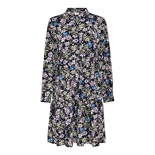 JDY Damen JDYPIPER L/S Shirt Dress WVN NOOS Kleid, Black Iris/AOP:Purple & Parisian Blue Flowers, 34