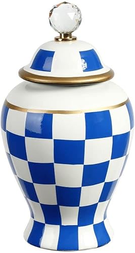 Mark Roberts Urna pequeña a cuadros azules con tapa, 11.5 pulgadas, urna modesta para decoración del hogar, jarrón de pedestal para decoración de