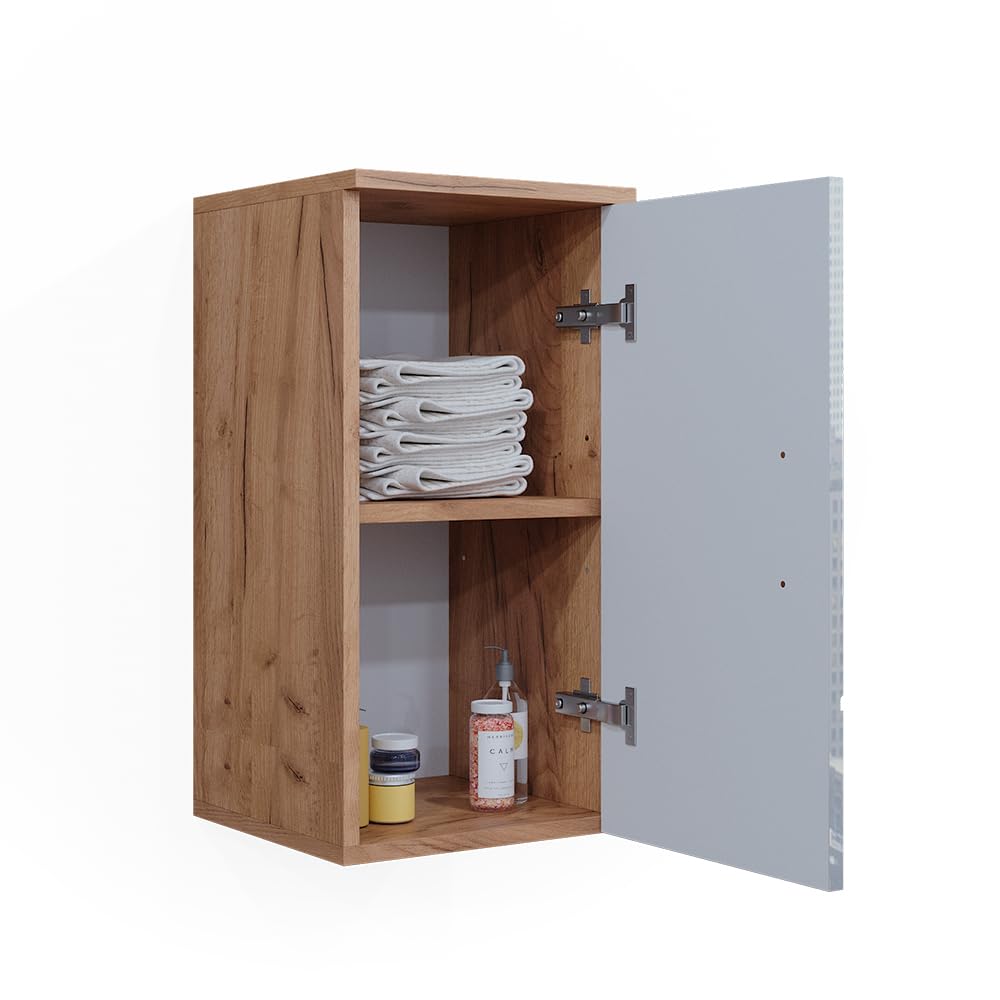 Vicco Badschrank Irma, Weiß Hochglanz/Goldkraft Eiche, 30 x 59 cm mit Regal, zur Wandmontage geeignet und mit weiteren Irma Möbeln kombinierbar