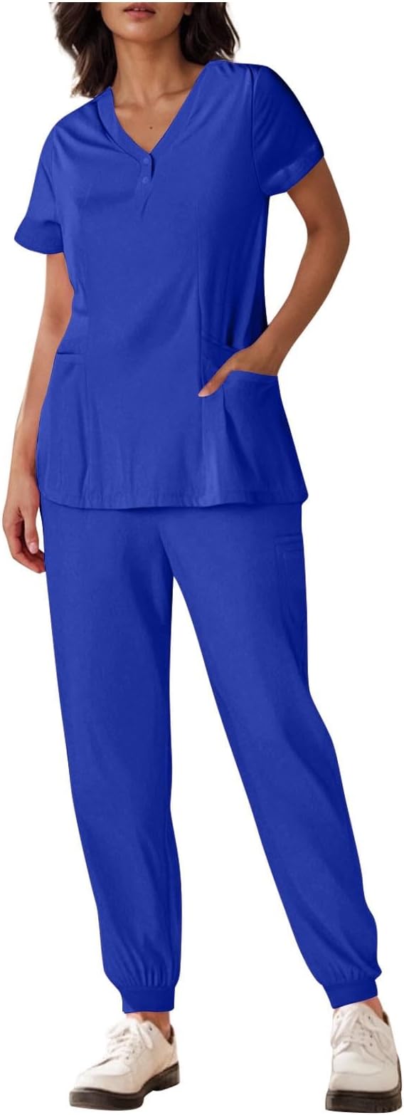 Women's Elastic Nurse Uniform Set Button-Down V-Neck Short Sleeve Pullover Tops with Pockets High Waisted Cuffed Bottoms Slim Fit Lightweight Quick Dry Work Wear