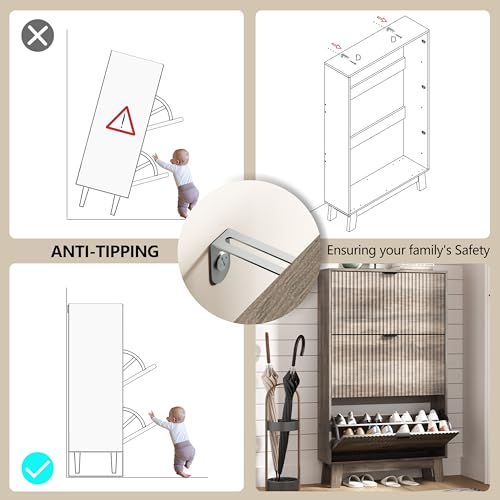 Image of Shoe Cabinet Storage for Entryway with 3 Flip Drawers, Fluted Narrow Shoe Organizer with Wooden Legs, Freestanding Slim Shoe Storage Hidden Shoe Rack Organizer for Front Door Entrance, Hallway, Grey