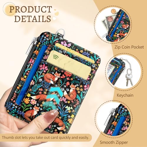 Image of Kelvoris Cute Fox Flowers Credit Card Holder Small Wallet Women, Slim RFID | Keychain, Zipper Coin Pocket, Front Pocket Thin Travel Card Case, Minimalist, 6 Card Slots, 1 ID Window, Ladies Gifts Woman