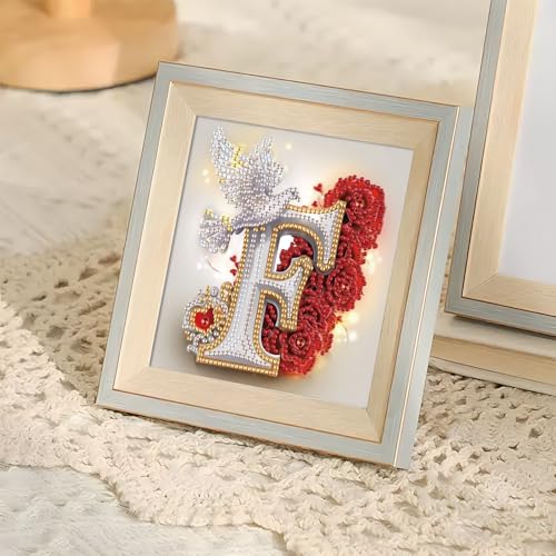 Image of AiYuanzsh 5D Diamond Art Kits for Adults Letter F, Floral Rose & Dove Themed Crystal Rhinestones Diamond Painting, DIY Luxury Initial Diamond Art for Romantic Wall Decor 17x17cm