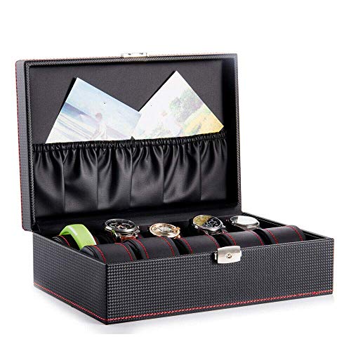 Uhrenbox, Uhrenschatulle 10 Slot Uhrenkasten Uhrenkoffer Kohlefaser Uhrenvitrine für Uhren Ringe Schmuckstücke(Schwarze) Cover