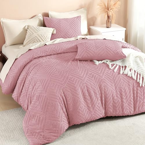 Image of Litanika Grayish Pink Full Comforter Set, 3 Pieces Tufted Boho Farmhouse Bedding Comforter Sets, Lightweight Fluffy Comforter Bed Set for All Season (79x90In Comforter and 2 Pillowcases)