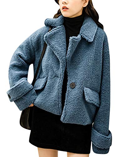Tanming Women's Winter Warm Loose Lapel Button Front Faux Shearling Coat Jacket (Blue, Small)