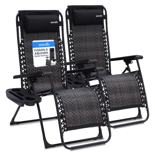 SereneLife Outdoor Rattan Zero Gravity Lawn Chairs, Set of 2 Adjustable Folding Recliners with Cup Holders, Side Table, and Pillow, Weather-Resistant, Durable and Perfect for Outdoor Comfort