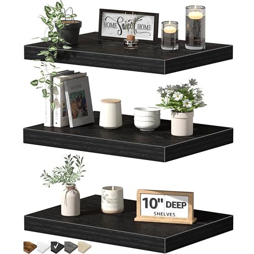 QEEIG 10' Deep Floating Shelves for Wall - 10 x 16 inch Book Shelf Bathroom Bedroom Kitchen Living Room Hanging Bookshelf Farmhouse Set of 3, Black (025-40B3)