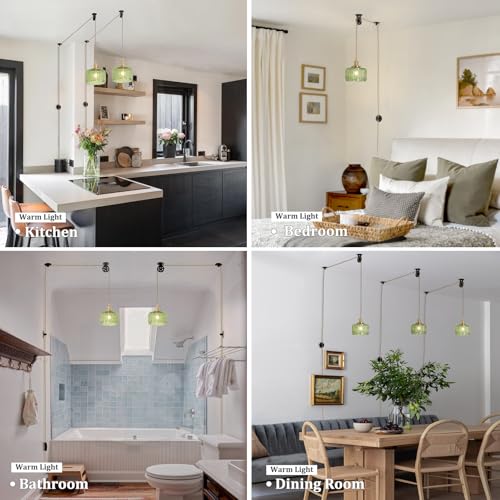 Image of Shenmoyl Plug in Pendant Light Hanging Light Fixture Corded On /Off Switch Brass Pendant Light with Green Striped Glass Lampshade for Bedroom Living Room Kitchen Island
