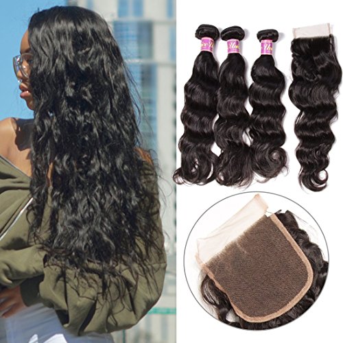 Unice 8A Grade Brazilian Natural Wave Hair 100% Virgin Human Hair 3 Bundles with Closure Natural Color (20 22 24+18Free Closure)
