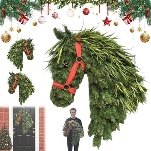 Christmas Horse Head Wreath Artificial Christmas Wreath Green Pine Needles Horsehead Decor with Red Ribbon Pinecone Farmhouse Xmas Garland for Front Door Farmhouse