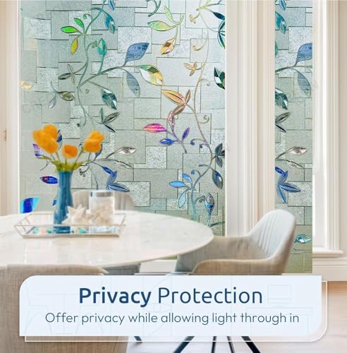 Image of CREON Frosted Window Self Adhesive Privacy Glass Film Decorative Window Sticker for Glass Door, Bathroom, Home, Window (Leaf RANIBOW, 24X108 in)