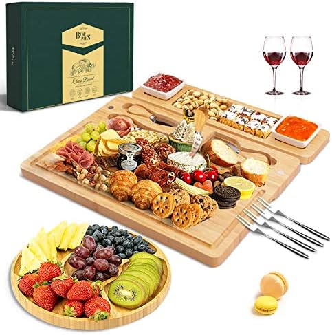 Cheese Board Charcuterie Board, Large Bamboo Platter for Serving Cheese, Meat, Unique Housewarming Gifts for Women, Anniversary, Wedding Gifts for Couple, Bridal Shower Gift