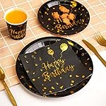200 pieces of black and gold birthday party supplies, disposable happy birthday tableware set, gold plastic knives, forks, spoons, straws. Birthday themed tray, cup,25Guests (black) - Image 4