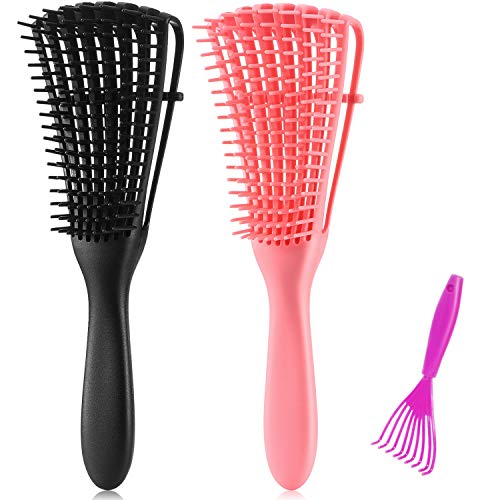 2 Pieces Detangler Hair Brush Detangling Brush with Comb Brush Cleaner Tool for Hair Textured 3a to 4c Kinky Wavy Wet Dry Long Thick Curly Hair (Black, Pink and Rose Red)